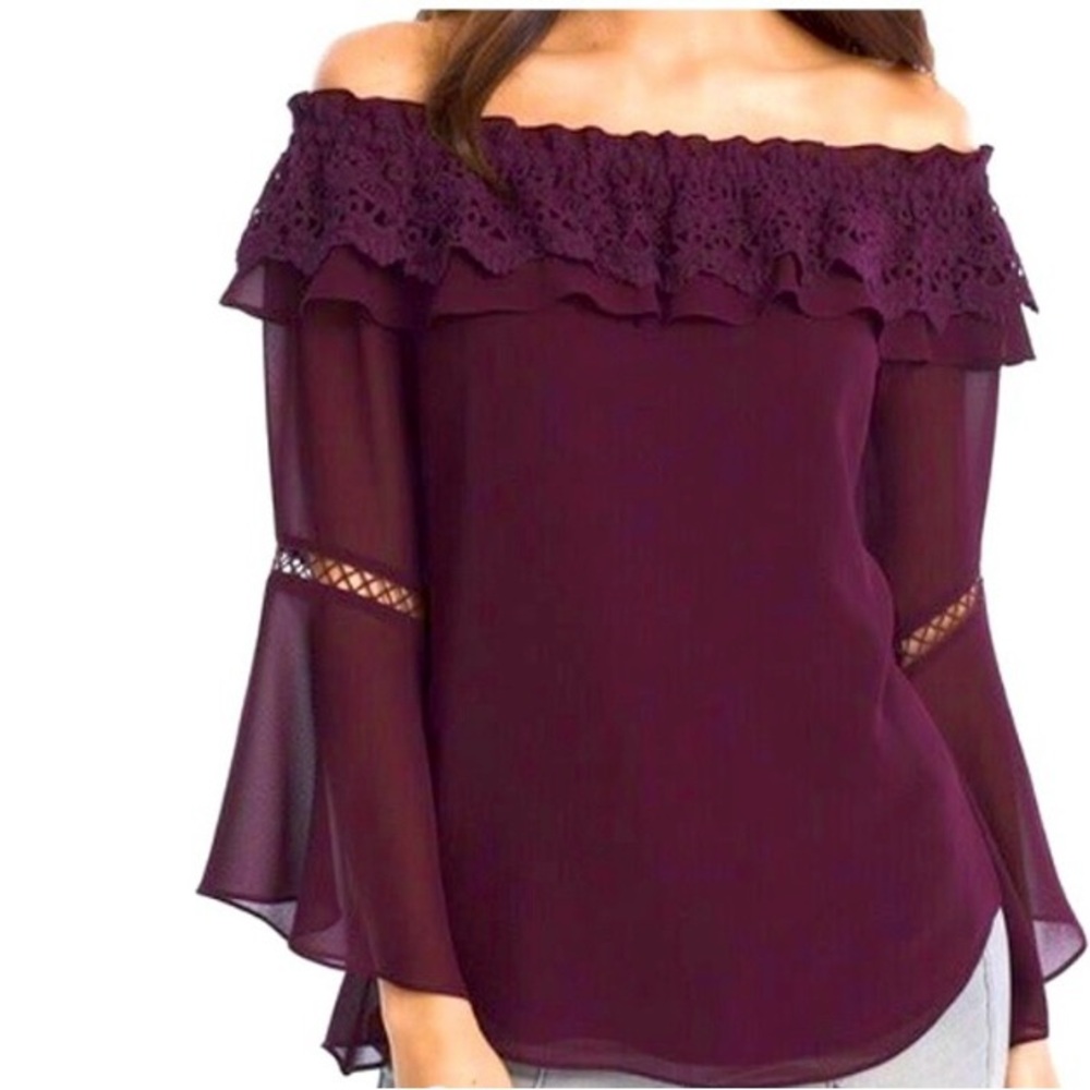 White House Black Market Off The Shoulder Lace Trim Bell Sleeve Blouse Plum M